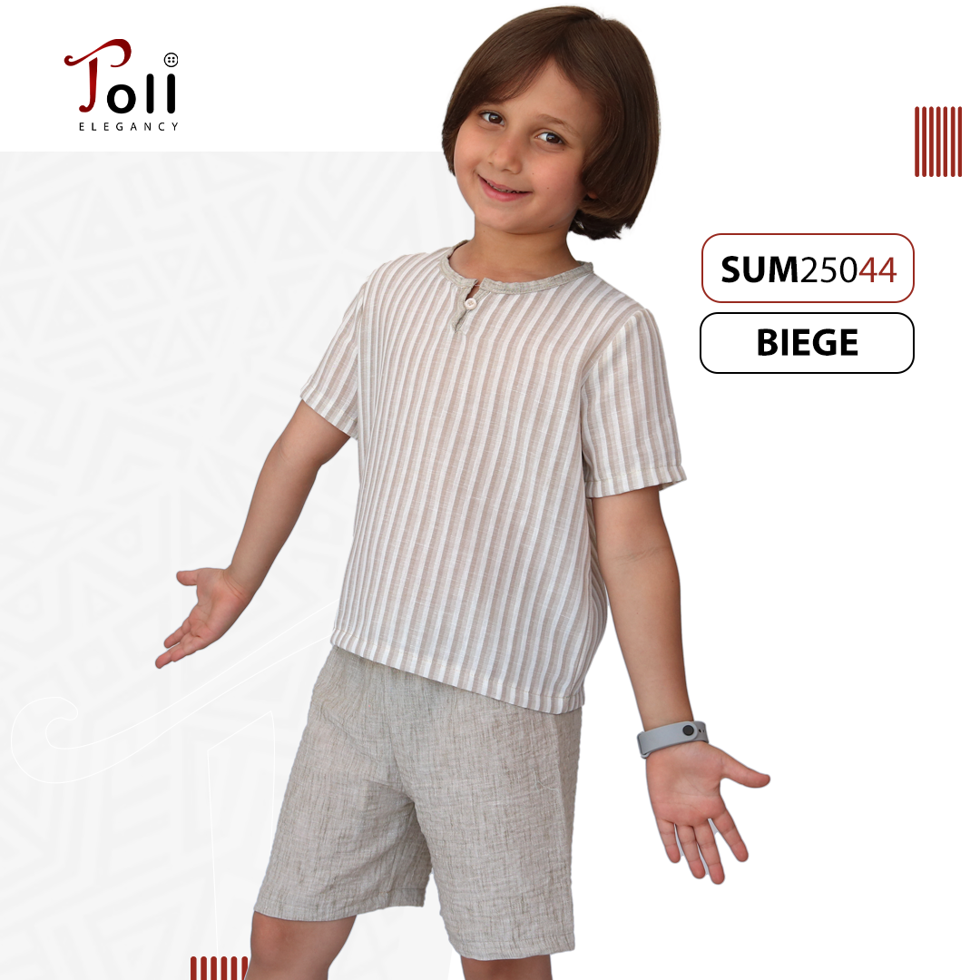Boys’ Summer Linen Set – Solid & Striped Shirt with Shorts
