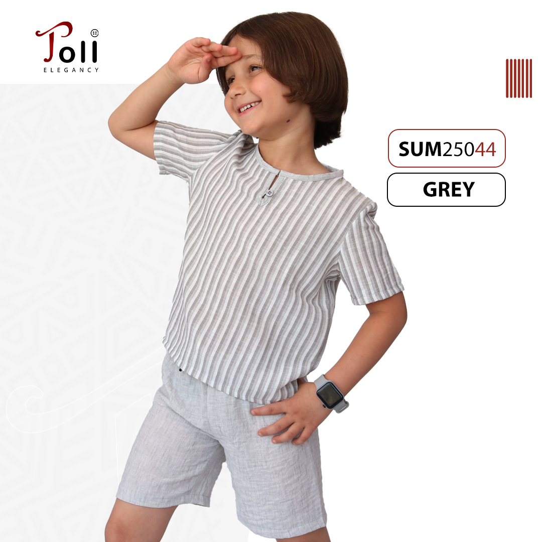 Boys’ Summer Linen Set – Solid & Striped Shirt with Shorts