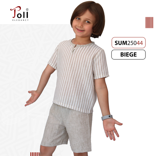 Boys’ Summer Linen Set – Solid & Striped Shirt with Shorts