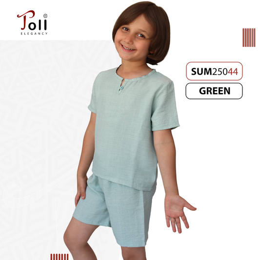 Boys’ Summer Linen Set – Solid & Striped Shirt with Shorts